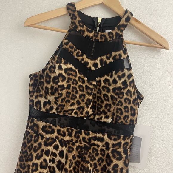 NORDSTROM LEOPARD PRINT BLACK MESH DETAIL FITTED STRECH A-LINE MINI DRESS - Picture 3 of 10